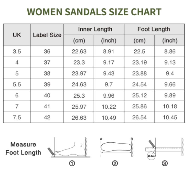Women's sandals size chart with measurements in centimeters and inches.
