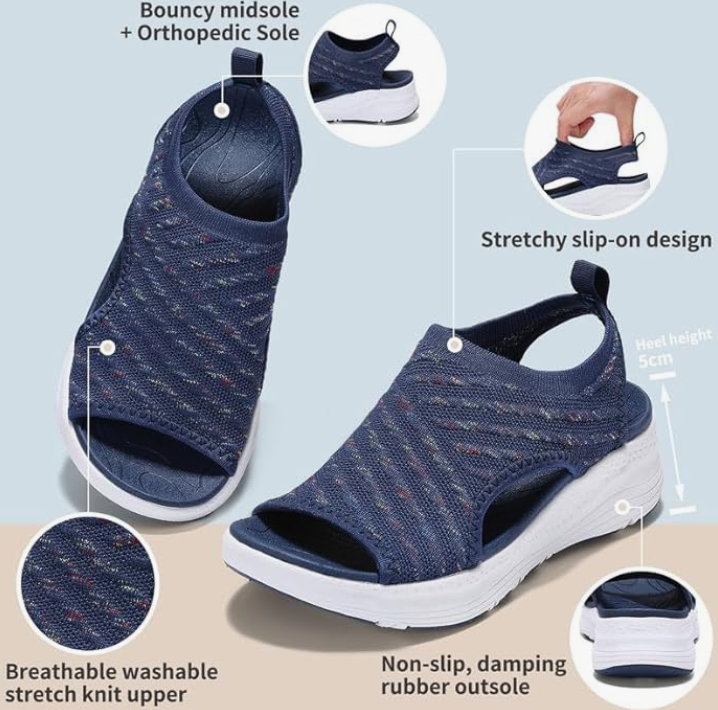 Blue wedge sandals with features highlighted on a light blue background