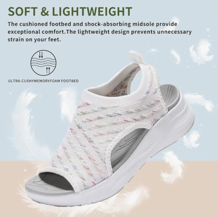 White sandal with text about comfort and design on a light blue background