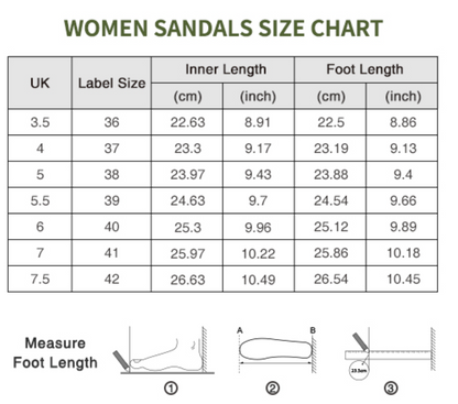 Women's sandals size chart with measurements in centimeters and inches.